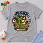 Jesus Is My Dino Guide Christian kids shirt in gray featuring Jesus with friendly dinosaurs
