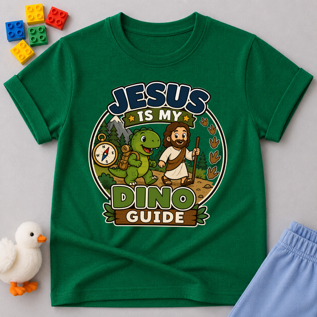 Jesus Is My Dino Guide Christian kids shirt in kelly featuring Jesus with friendly dinosaurs
