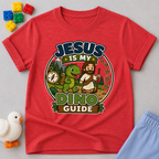 Jesus Is My Dino Guide Christian kids shirt in red featuring Jesus with friendly dinosaurs
