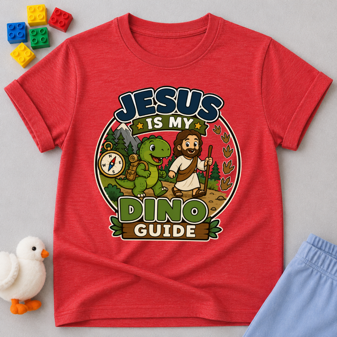 Jesus Is My Dino Guide Christian kids shirt in red featuring Jesus with friendly dinosaurs
