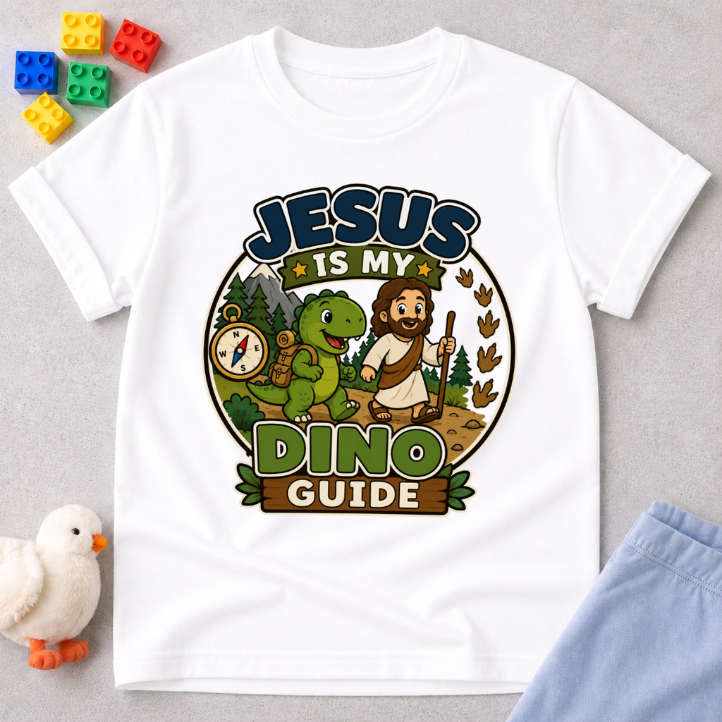 Jesus Is My Dino Guide Christian kids shirt in white featuring Jesus with friendly dinosaurs
