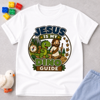 Jesus Is My Dino Guide Christian kids shirt in white featuring Jesus with friendly dinosaurs
