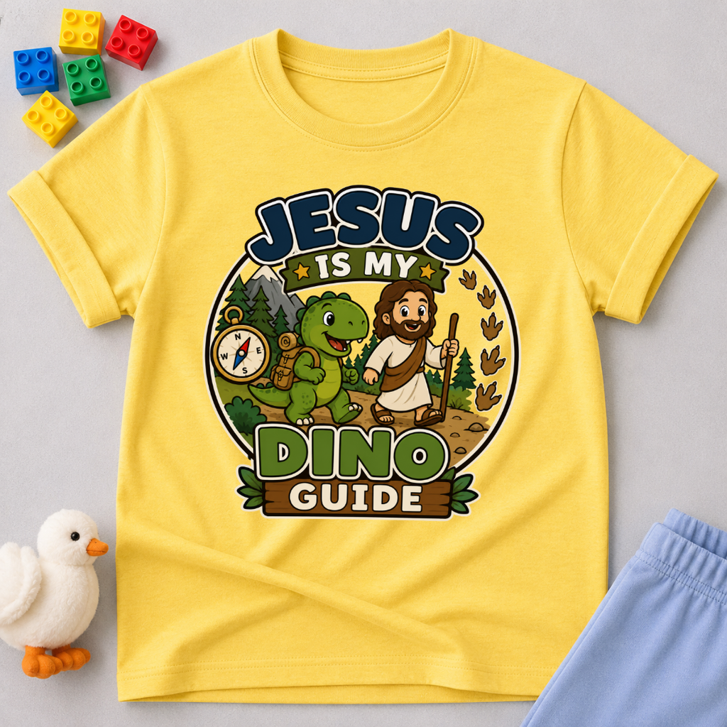 Jesus Is My Dino Guide Christian kids shirt in yellow featuring Jesus with friendly dinosaurs
