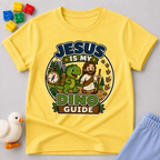 Jesus Is My Dino Guide Christian kids shirt in yellow featuring Jesus with friendly dinosaurs
