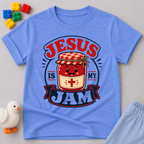 Jesus Is My Jam Jar Christian kids shirt in blue featuring a smiling jam jar with musical notes

