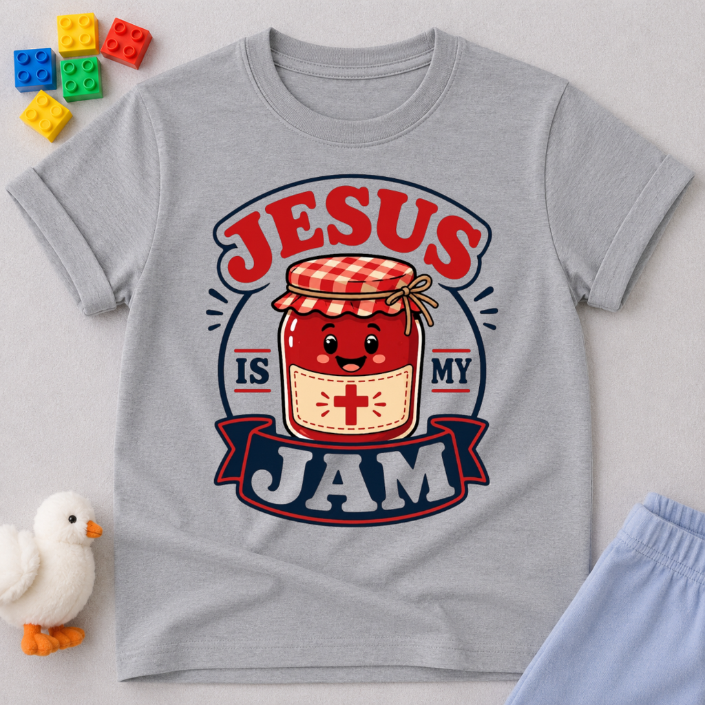 Jesus Is My Jam Jar Christian kids shirt in gray featuring a smiling jam jar with musical notes
