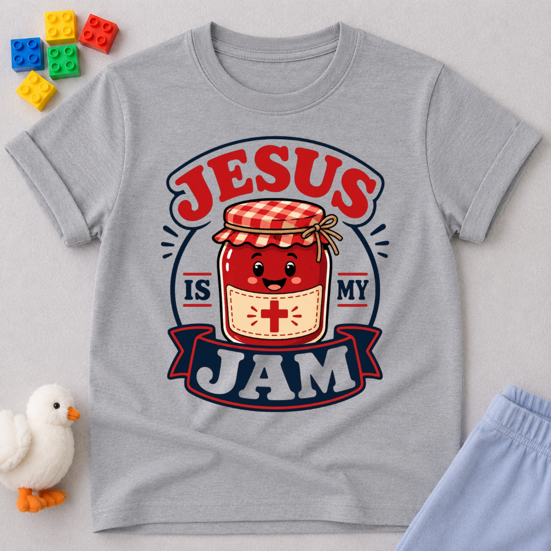 Jesus Is My Jam Jar Christian kids shirt in gray featuring a smiling jam jar with musical notes
