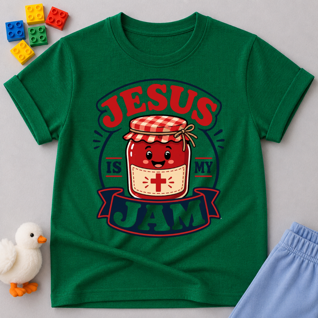 Jesus Is My Jam Jar Christian kids shirt in green featuring a smiling jam jar with musical notes
