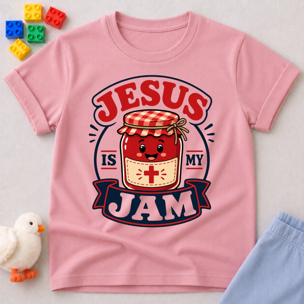 Jesus Is My Jam Jar Christian kids shirt in pink featuring a smiling jam jar with musical notes
