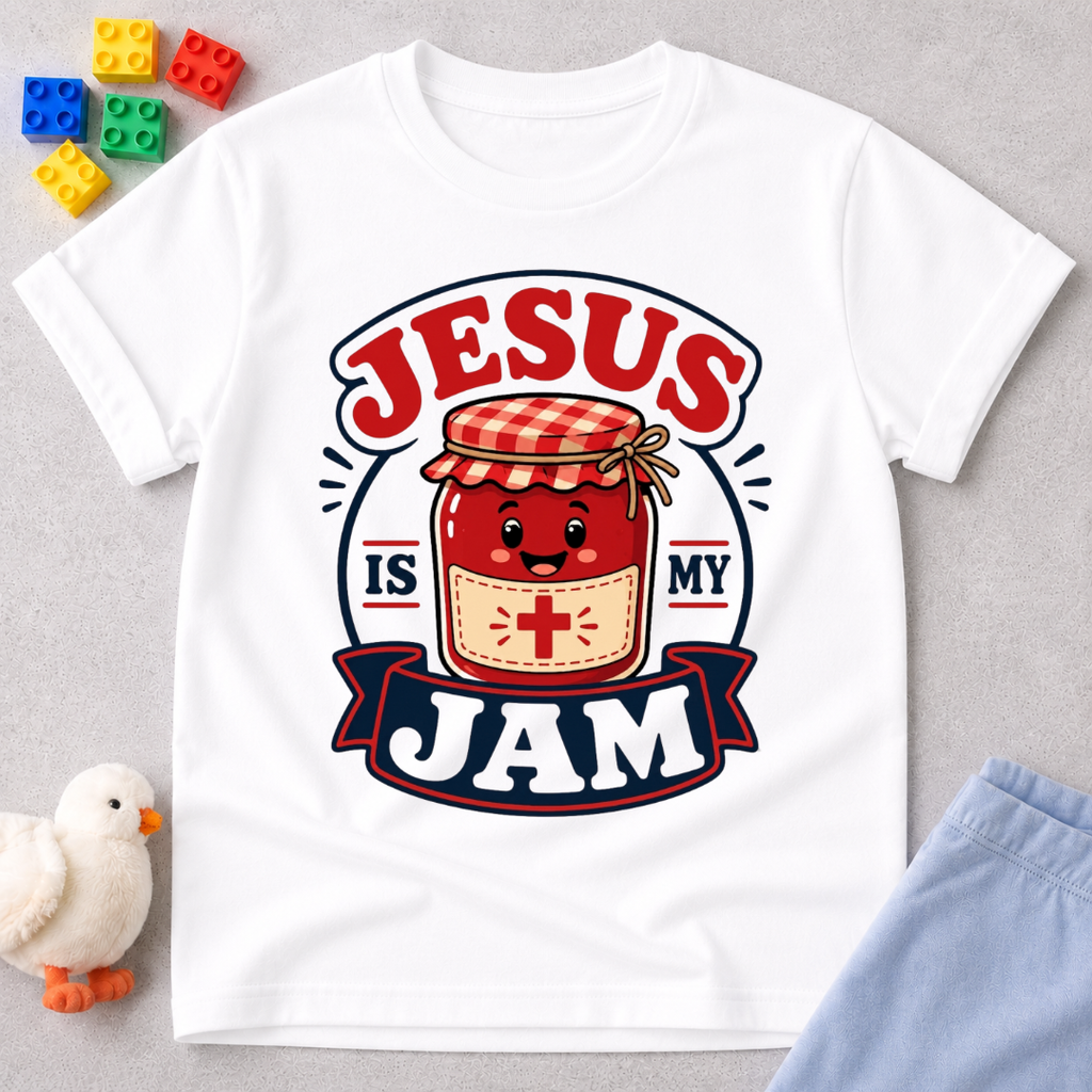 Jesus Is My Jam Jar Christian kids shirt in white featuring a smiling jam jar with musical notes
