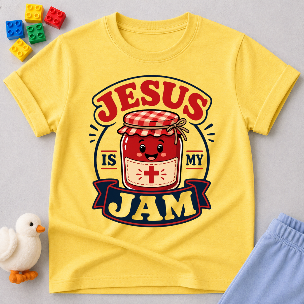 Jesus Is My Jam Jar Christian kids shirt in yellow featuring a smiling jam jar with musical notes
