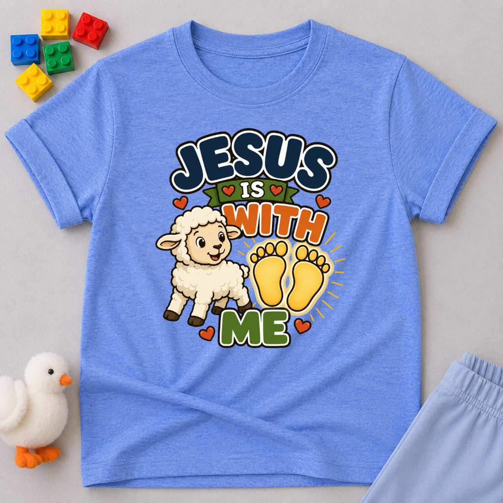 Jesus Is With Me Always Christian kids shirt in blue featuring a lamb and footprints with a comforting faith design
