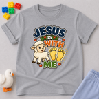 Jesus Is With Me Always Christian kids shirt in gray featuring a lamb and footprints with a comforting faith design
