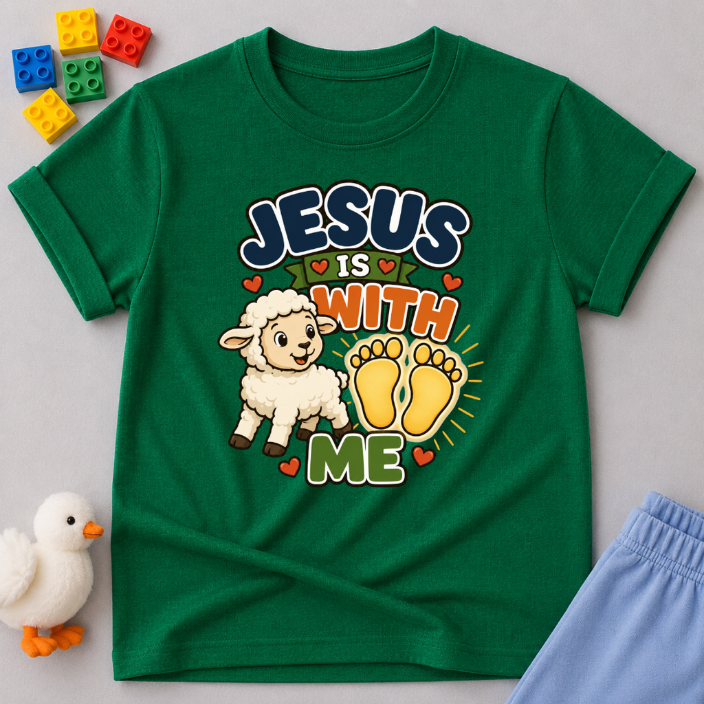 Jesus Is With Me Always Christian kids shirt in green featuring a lamb and footprints with a comforting faith design
