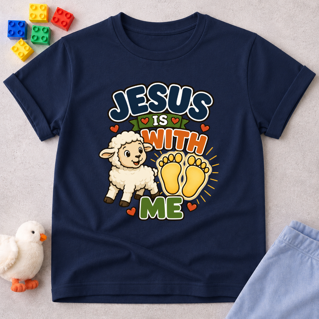 Jesus Is With Me Always Christian kids shirt in navy featuring a lamb and footprints with a comforting faith design
