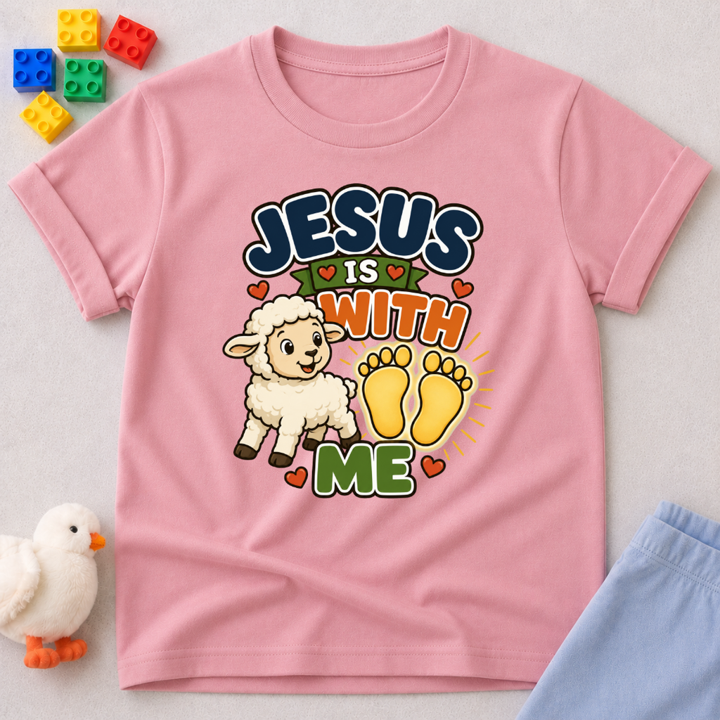 Jesus Is With Me Always Christian kids shirt in pink featuring a lamb and footprints with a comforting faith design
