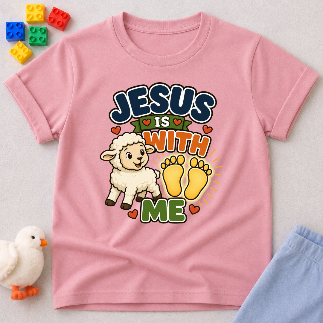 Jesus Is With Me Always Christian kids shirt in pink featuring a lamb and footprints with a comforting faith design
