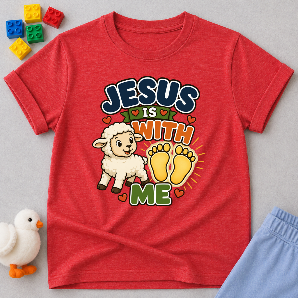 Jesus Is With Me Always Christian kids shirt in red featuring a lamb and footprints with a comforting faith design
