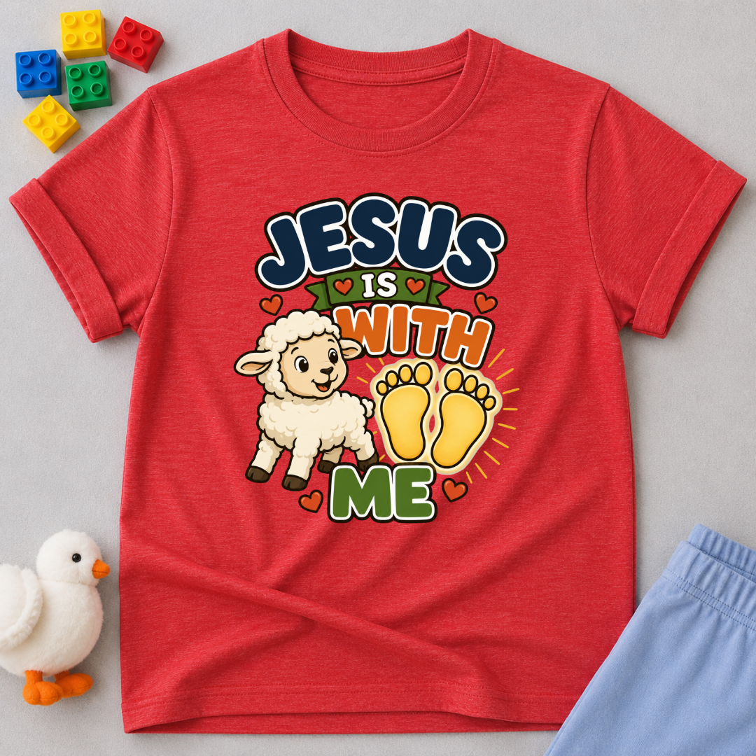 Jesus Is With Me Always Christian kids shirt in red featuring a lamb and footprints with a comforting faith design
