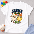 Jesus Is With Me Always Christian kids shirt in white featuring a lamb and footprints with a comforting faith design
