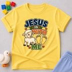Jesus Is With Me Always Christian kids shirt in yellow featuring a lamb and footprints with a comforting faith design
