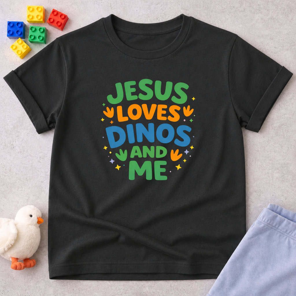 Jesus Loves Dinos And Me Christian kids shirt in Black featuring colorful dinosaur themed typography