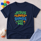 Jesus Loves Dinos And Me Christian kids shirt in Navy featuring colorful dinosaur themed typography