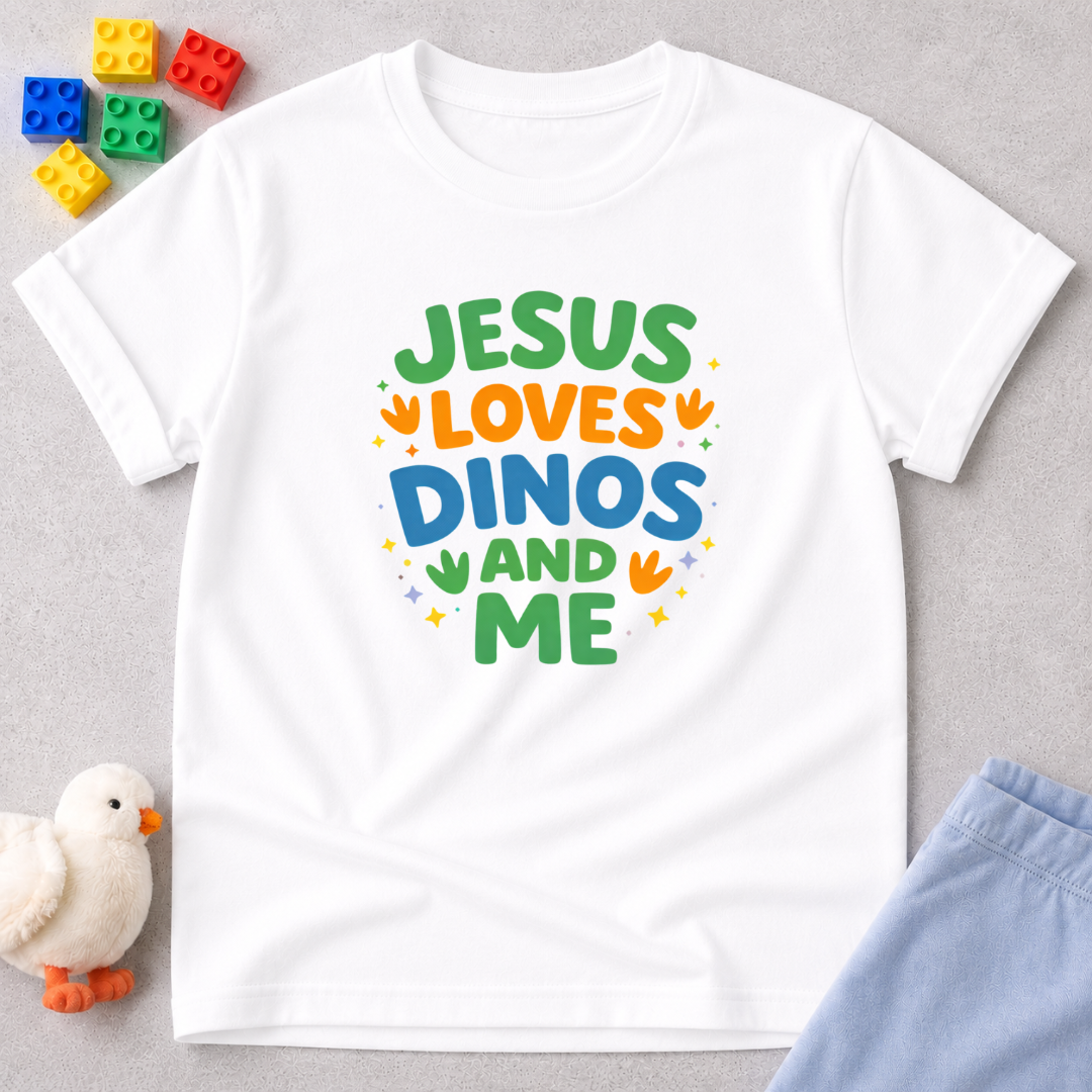 Jesus Loves Dinos And Me Christian kids shirt in White featuring colorful dinosaur themed typography