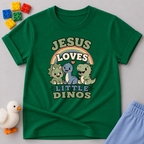 Jesus Loves Little Dinos Shirt Christian kids shirt in green featuring adorable dinosaurs and a Jesus-centered message
