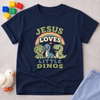 Jesus Loves Little Dinos Shirt Christian kids shirt in navy featuring adorable dinosaurs and a Jesus-centered message
