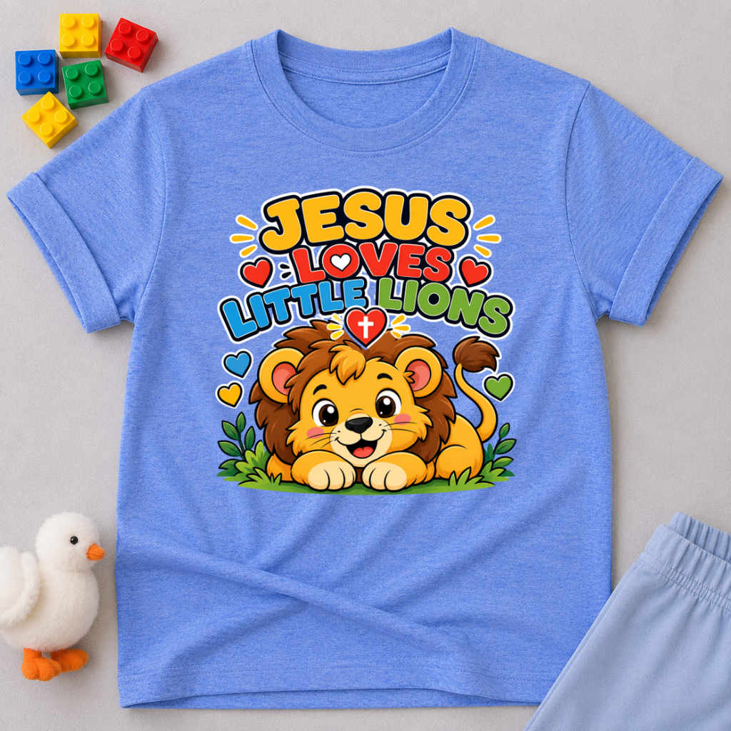 Jesus Loves Little Lions Christian kids shirt in blue featuring a smiling lion with hearts
