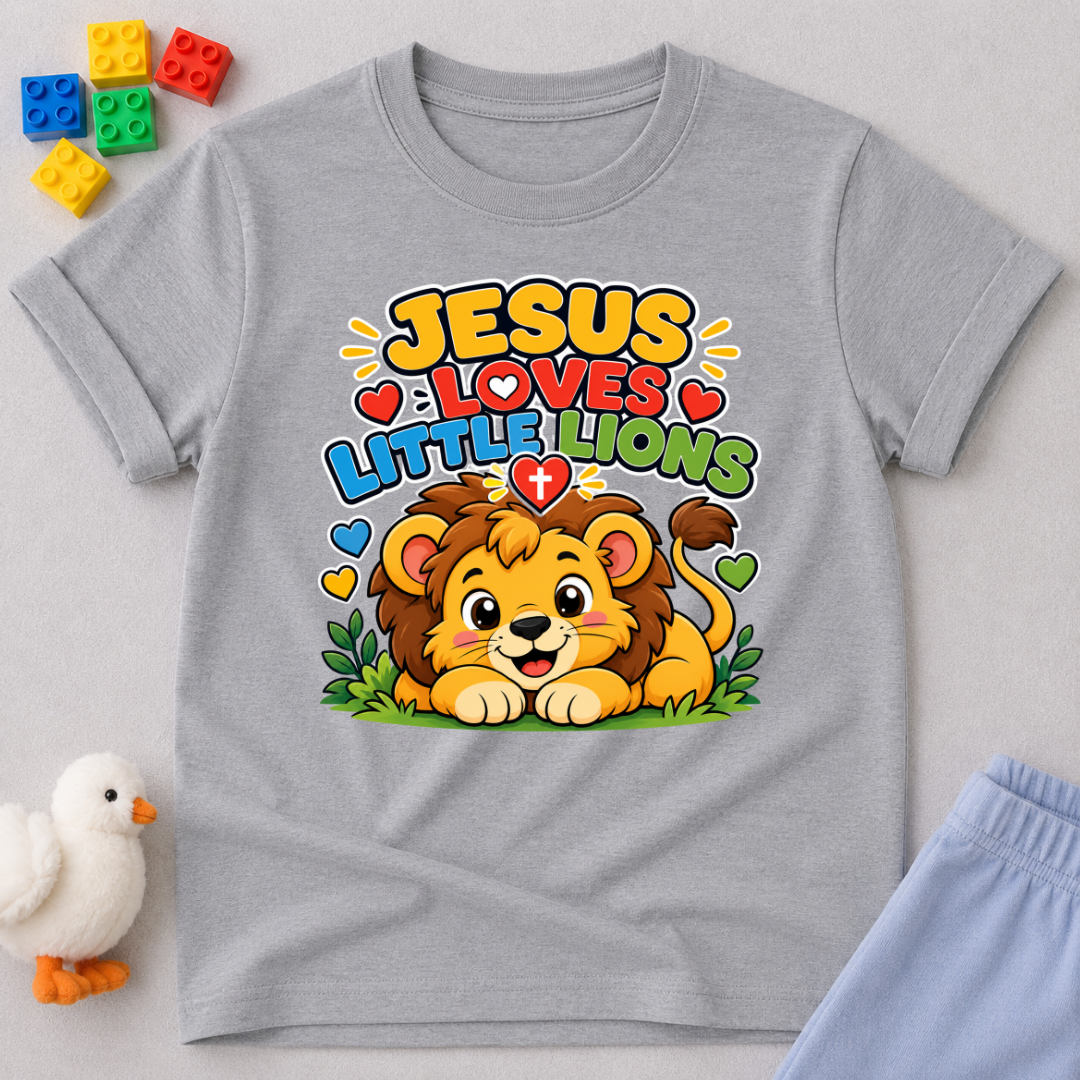Jesus Loves Little Lions Christian kids shirt in gray featuring a smiling lion with hearts

