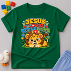 Jesus Loves Little Lions Christian kids shirt in green featuring a smiling lion with hearts
