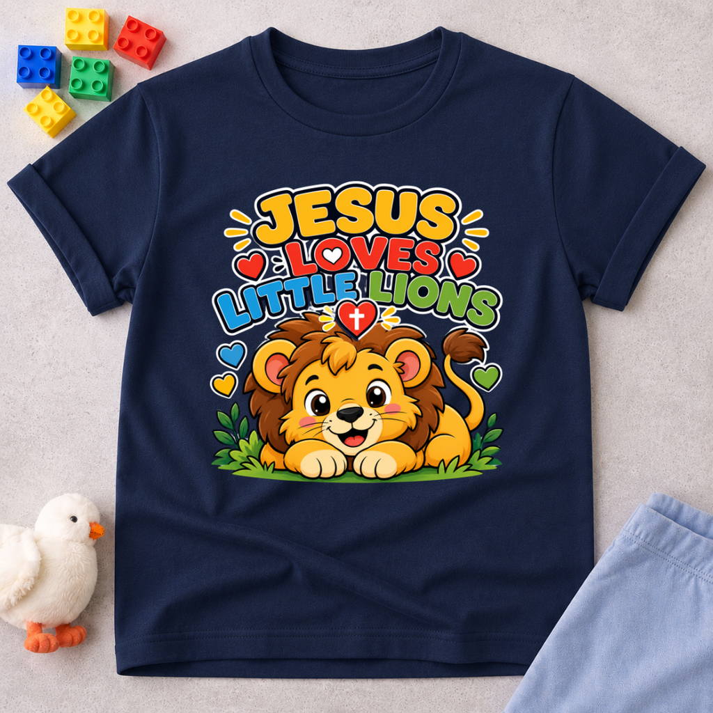 Jesus Loves Little Lions Christian kids shirt in navy featuring a smiling lion with hearts
