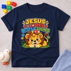 Jesus Loves Little Lions Christian kids shirt in navy featuring a smiling lion with hearts
