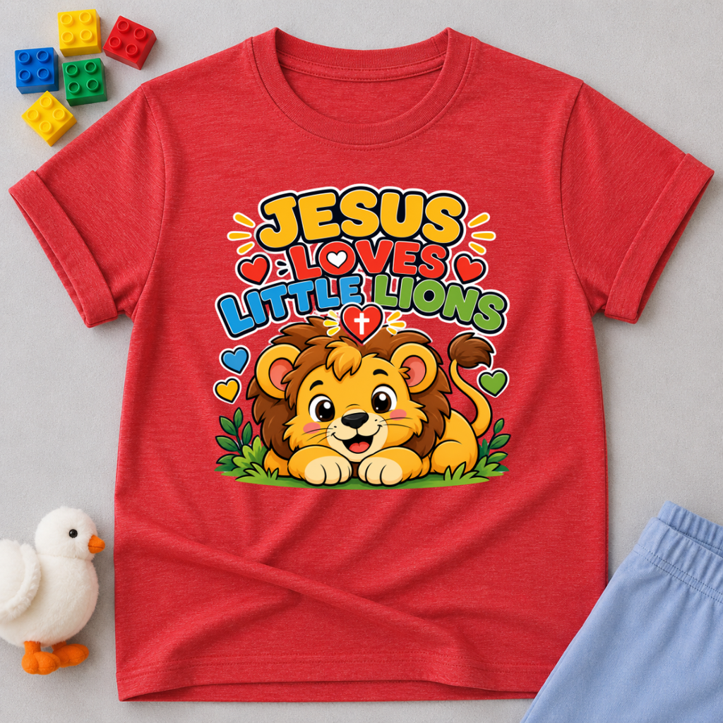 Jesus Loves Little Lions Christian kids shirt in red featuring a smiling lion with hearts
