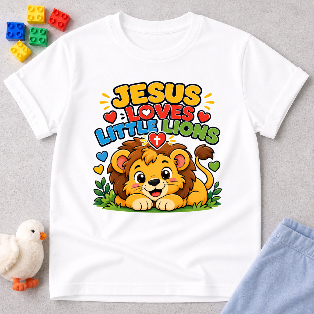 Jesus Loves Little Lions Christian kids shirt in white featuring a smiling lion with hearts
