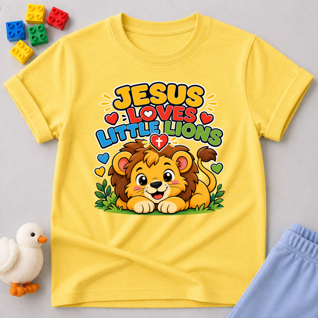 Jesus Loves Little Lions Christian kids shirt in yellow featuring a smiling lion with hearts
