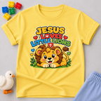 Jesus Loves Little Lions Christian kids shirt in yellow featuring a smiling lion with hearts
