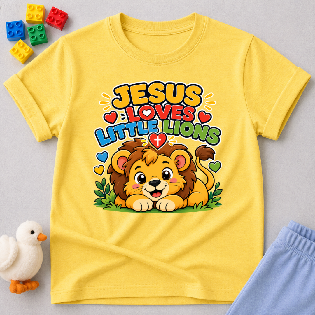 Jesus Loves Little Lions Christian kids shirt in yellow featuring a smiling lion with hearts
