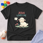Jesus Loves Me Dearly Christian kids shirt in Black featuring adorable animal illustration