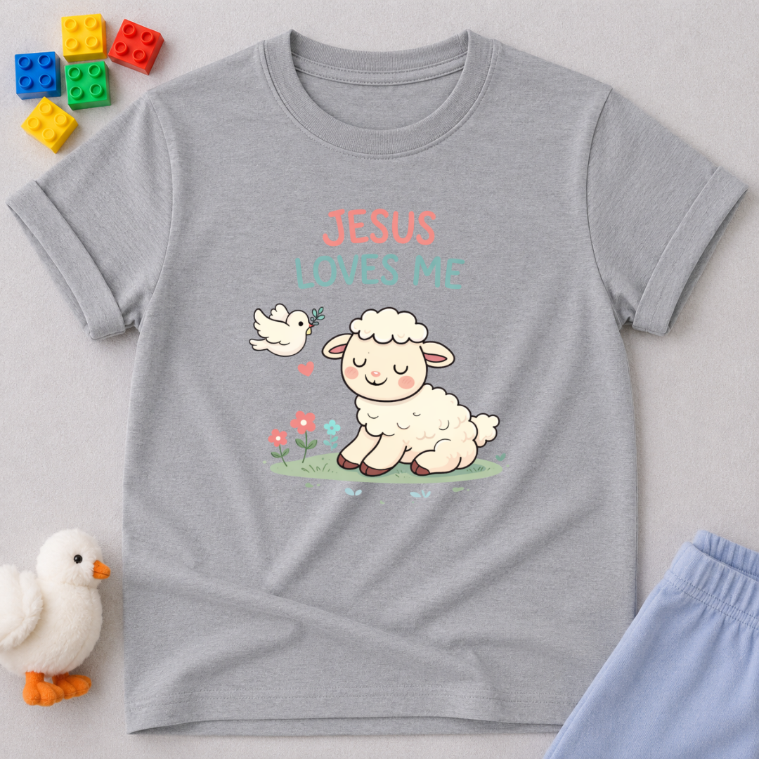 Jesus Loves Me Dearly Christian kids shirt in Gray featuring adorable animal illustration