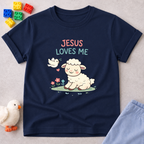 Jesus Loves Me Dearly Christian kids shirt in Navy featuring adorable animal illustration