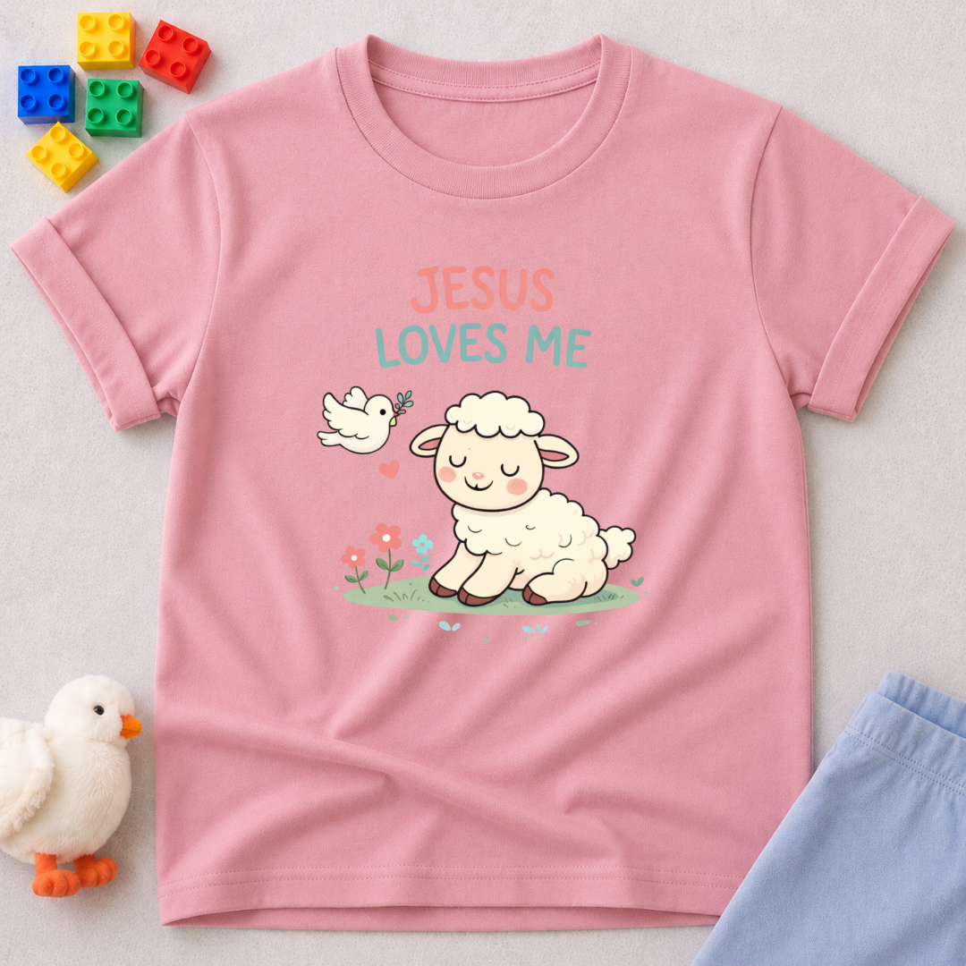 Jesus Loves Me Dearly Christian kids shirt in Pink featuring adorable animal illustration