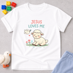 Jesus Loves Me Dearly Christian kids shirt in White featuring adorable animal illustration