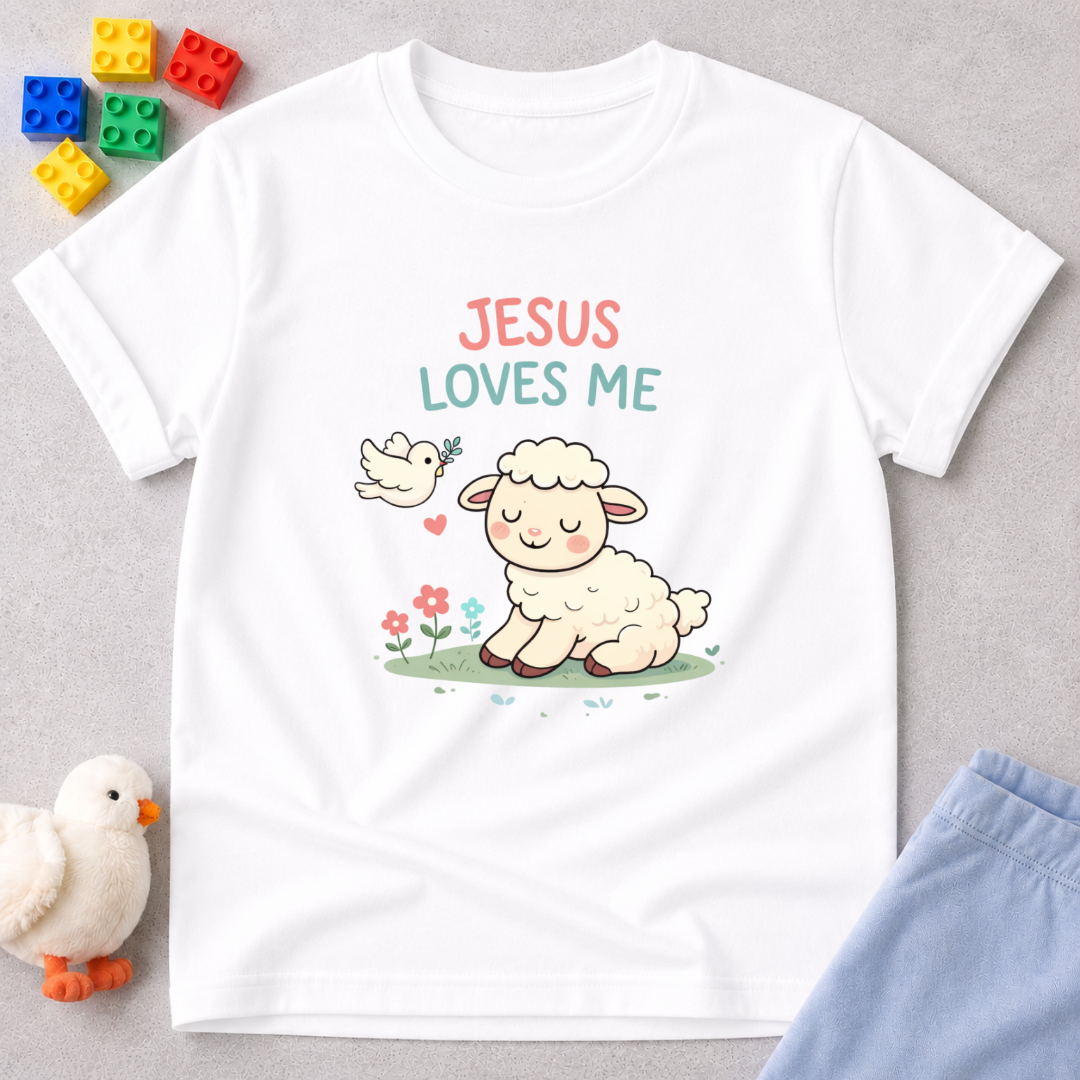 Jesus Loves Me Dearly Christian kids shirt in White featuring adorable animal illustration