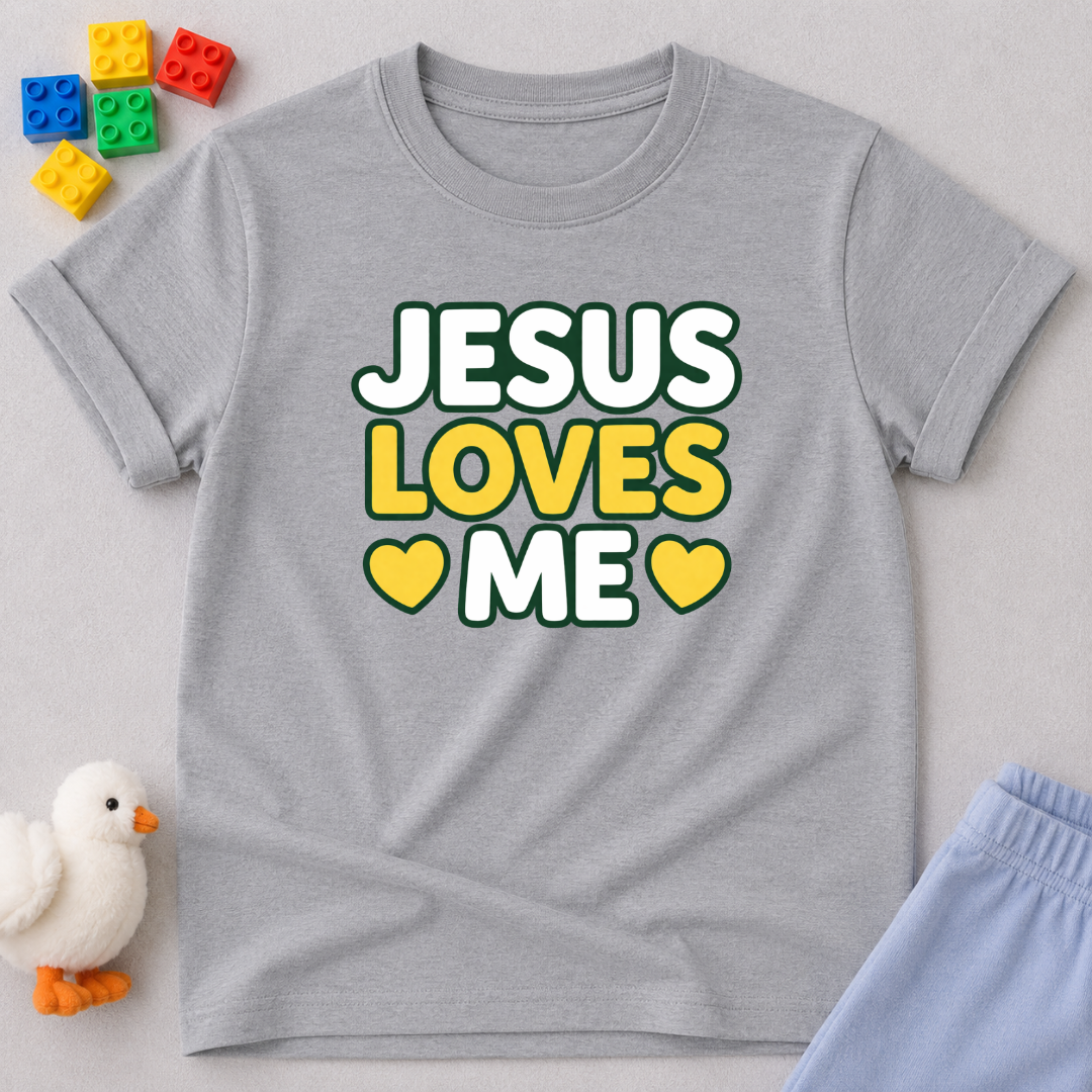 Jesus Loves Me Forever Christian kids shirt in Gray featuring colorful faith typography