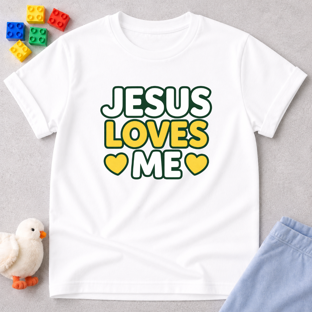 Jesus Loves Me Forever Christian kids shirt in White featuring colorful faith typography