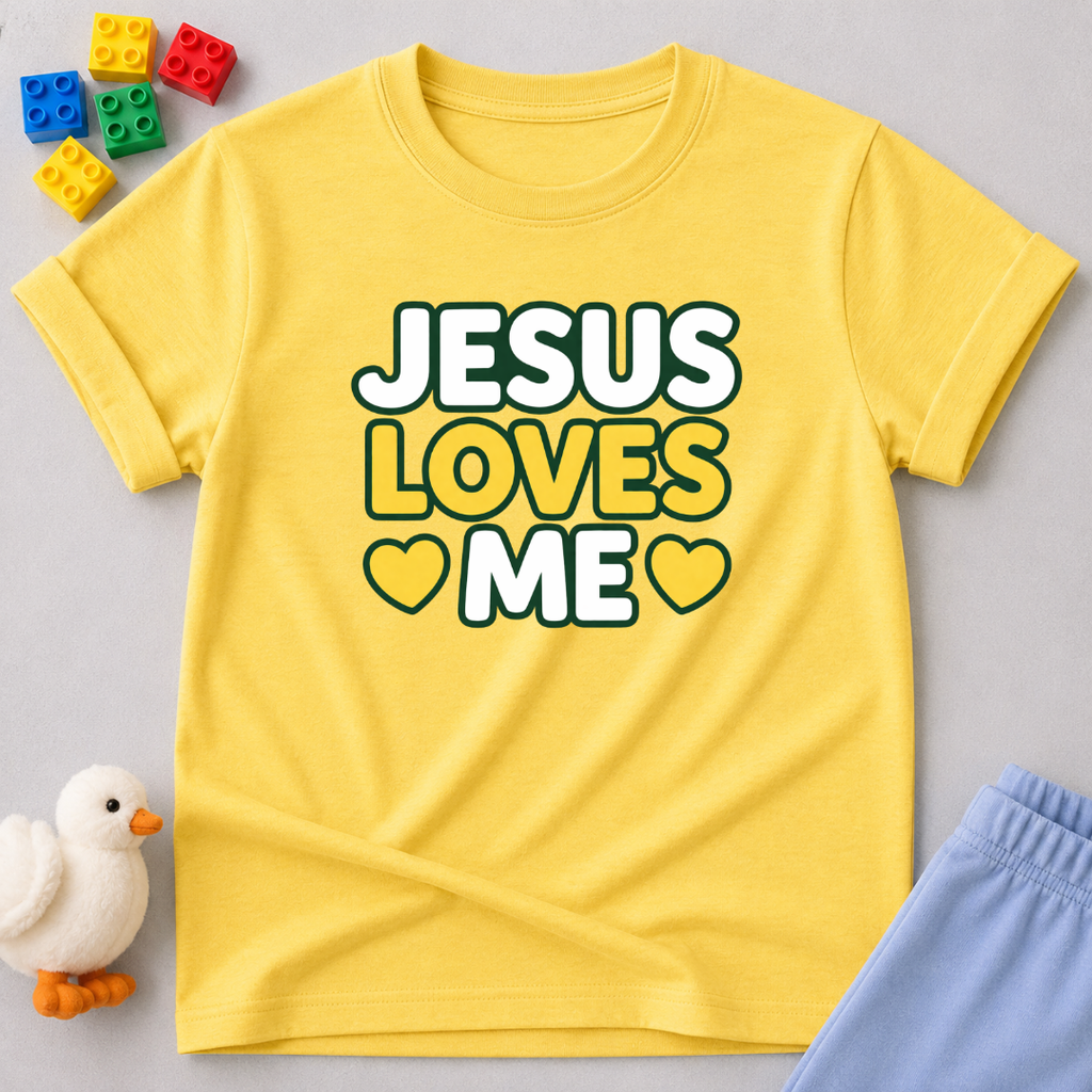 Jesus Loves Me Forever Christian kids shirt in Yellow featuring colorful faith typography