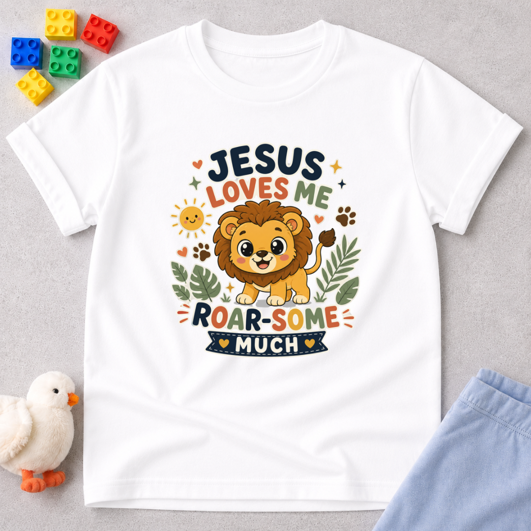 Jesus Loves Me Roar-some Lion Christian kids shirt in White featuring a cute lion and encouraging Christian message